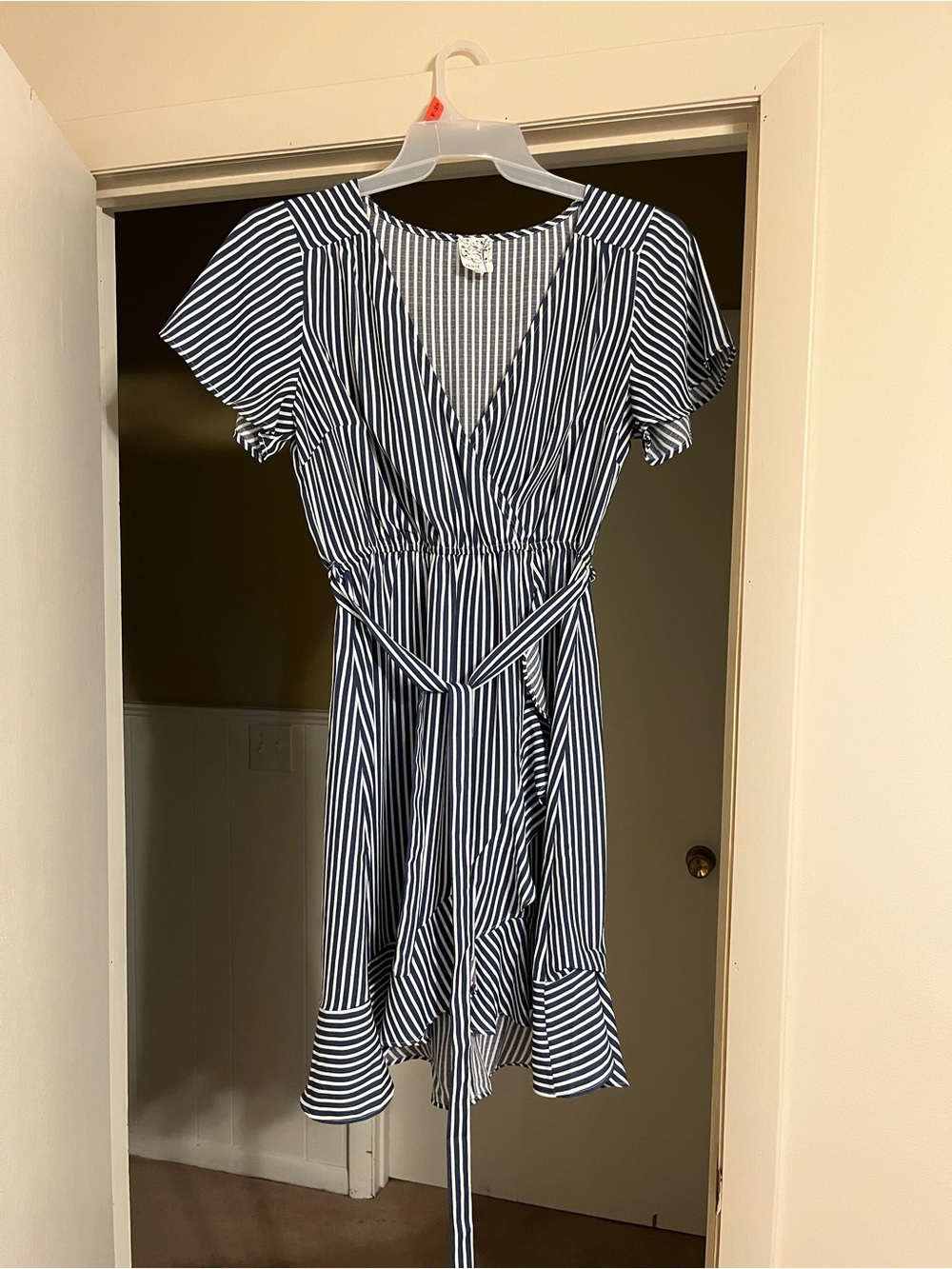 Navy & White Vertical Stripe Wrap Dress